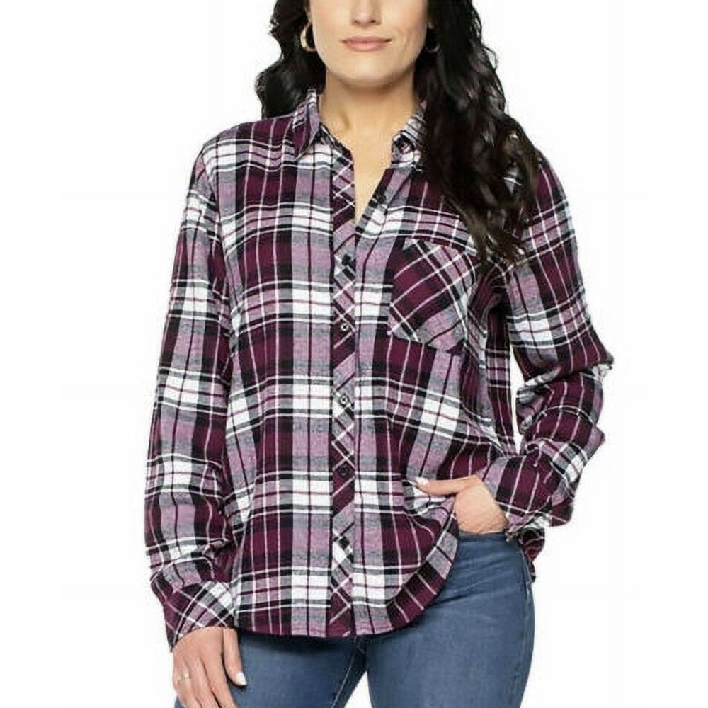 Well Worn Flannel Shirt Womens M  Berry White Plaid Long Sleeve Button Down NWT
